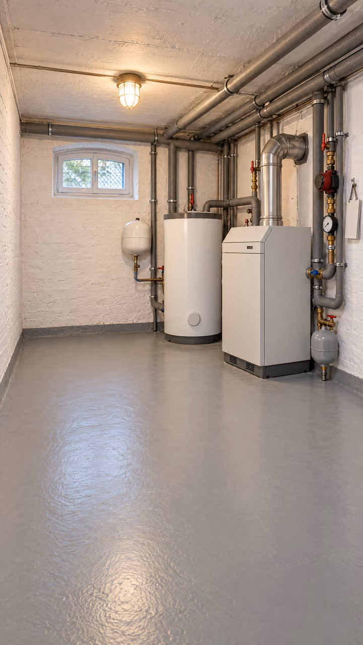 Sauberer Heizungsraum mit weißem Heizkessel, Warmwasserspeicher und gedämmten Leitungen.