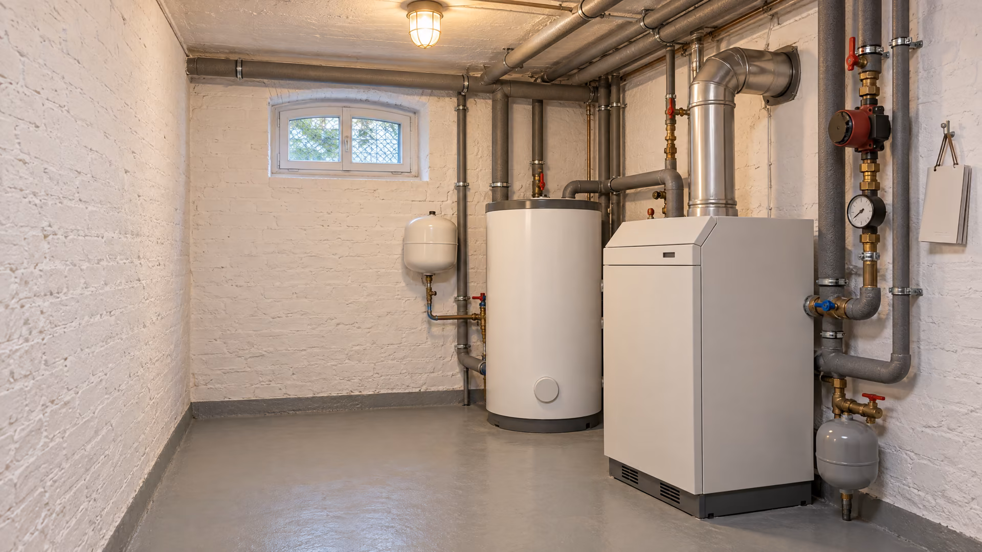 Sauberer Heizungsraum mit weißem Heizkessel, Warmwasserspeicher und gedämmten Leitungen.
