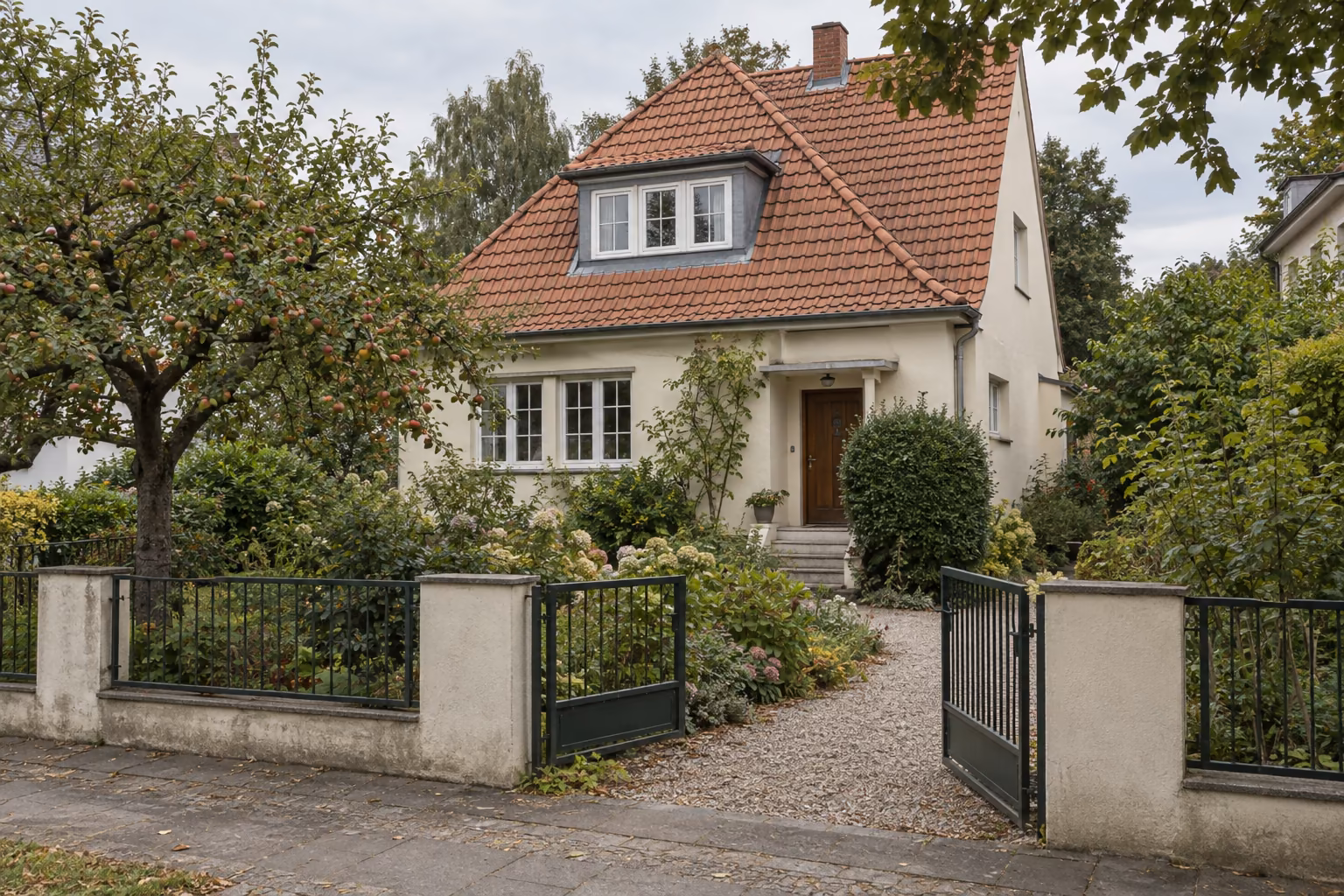 Einfamilienhaus mit rotem Ziegeldach, Vorgarten und offenem Gartentor.