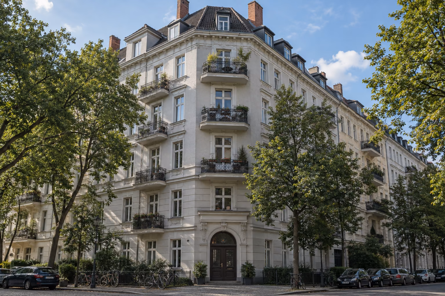 Berliner Mietshaus aus der Gründerzeit an einer Straßenecke im Sommer.
