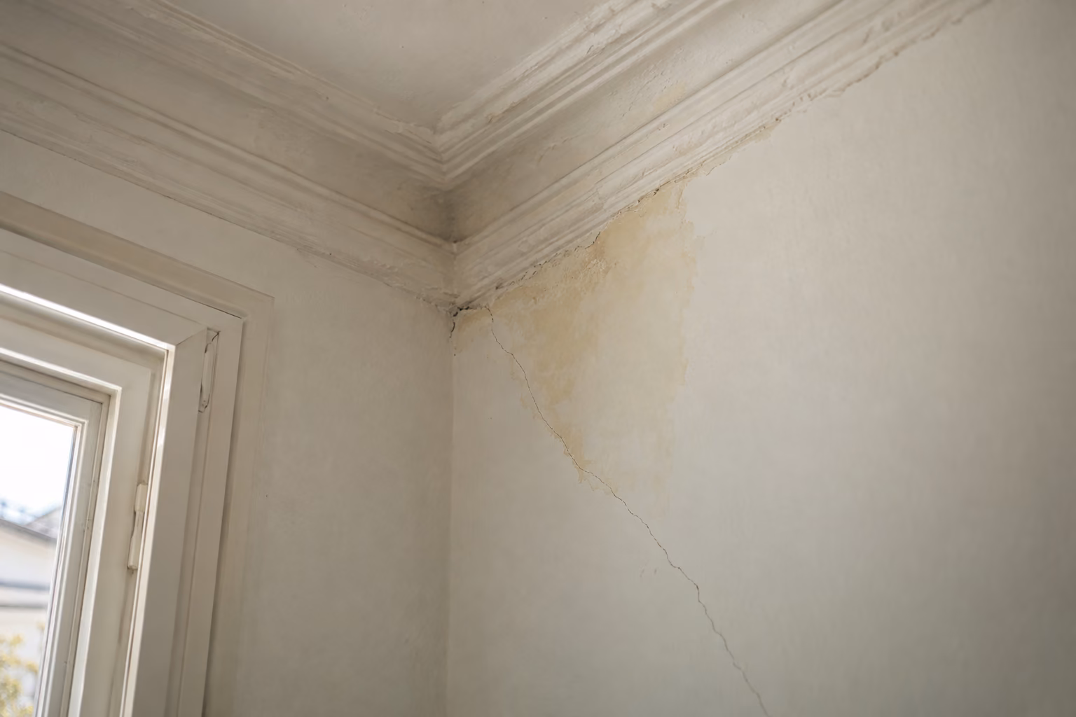 Feiner Riss und Wasserfleck an Wand und Decke eines Altbauzimmers.