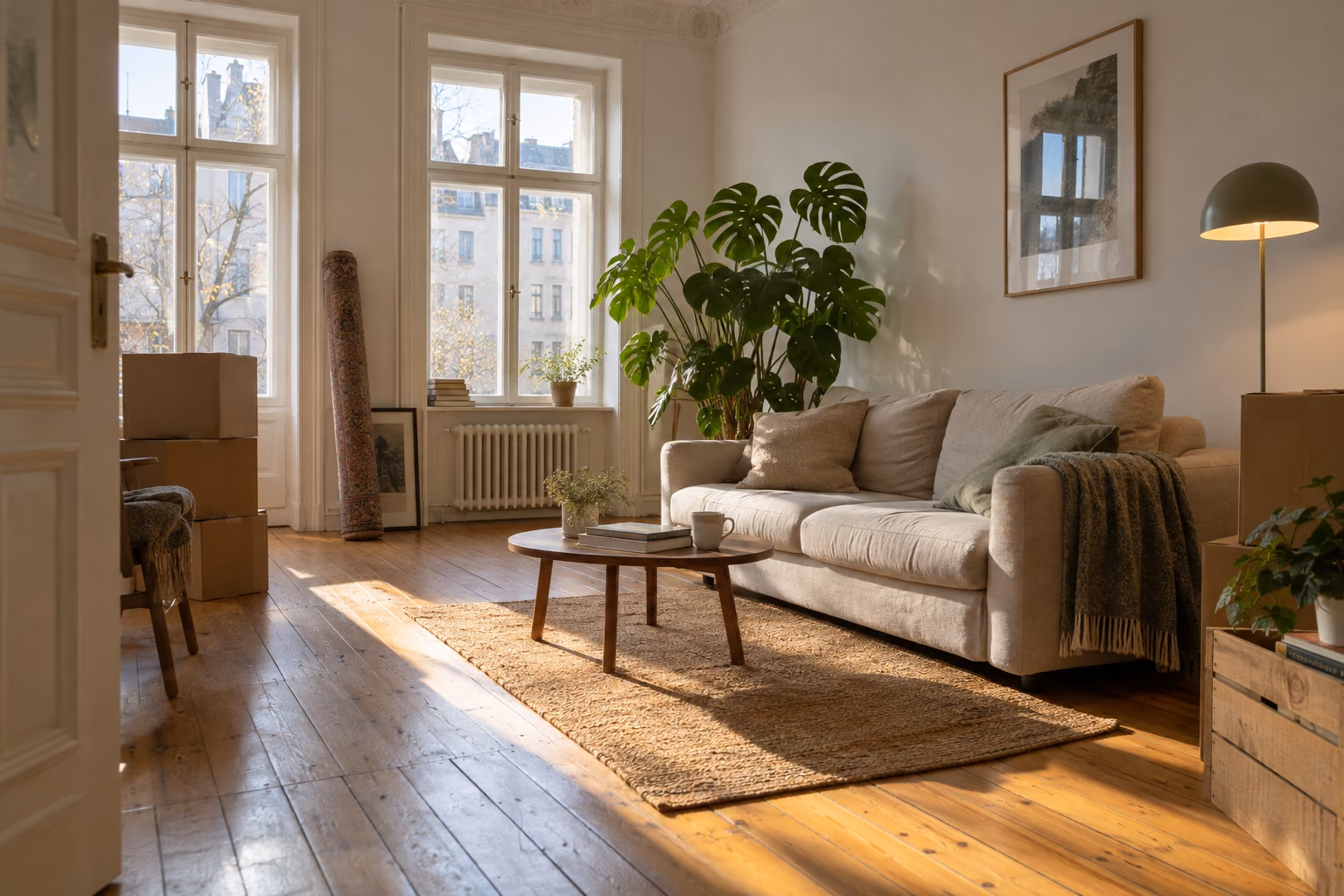 Wohnzimmer einer Altbauwohnung kurz nach dem Einzug, mit Sofa, Pflanze und Umzugskartons.