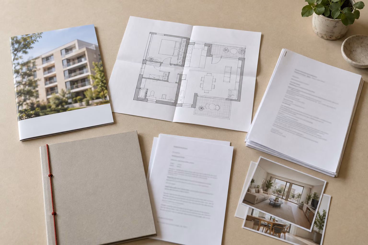 Unterlagen zu einer Wohnung auf einem Tisch: Exposé, Grundriss, Protokolle und Fotos.