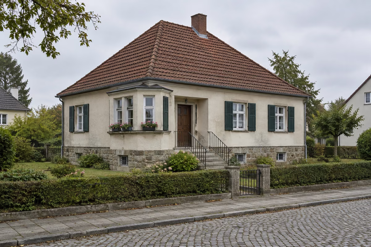 Musterfoto: Einfamilienhaus von 1939 mit Satteldach, Sprossenfenstern und Vorgarten