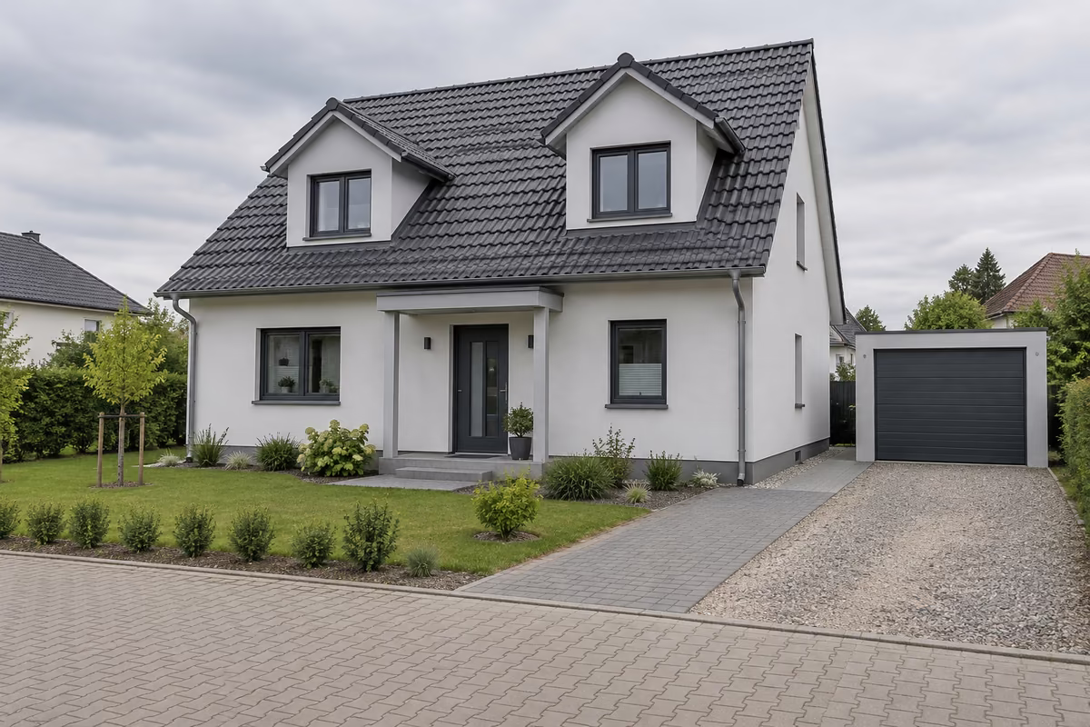 Musterfoto: weißes Einfamilienhaus von 2017 mit Satteldach und Einzelgarage