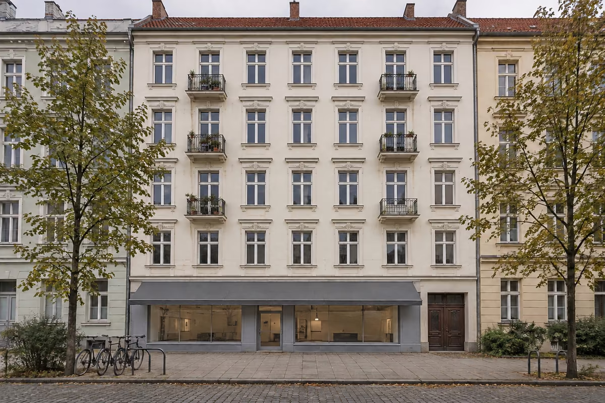 Musterfoto: fünfgeschossiger Berliner Altbau von 1905 mit einem Laden im Erdgeschoss