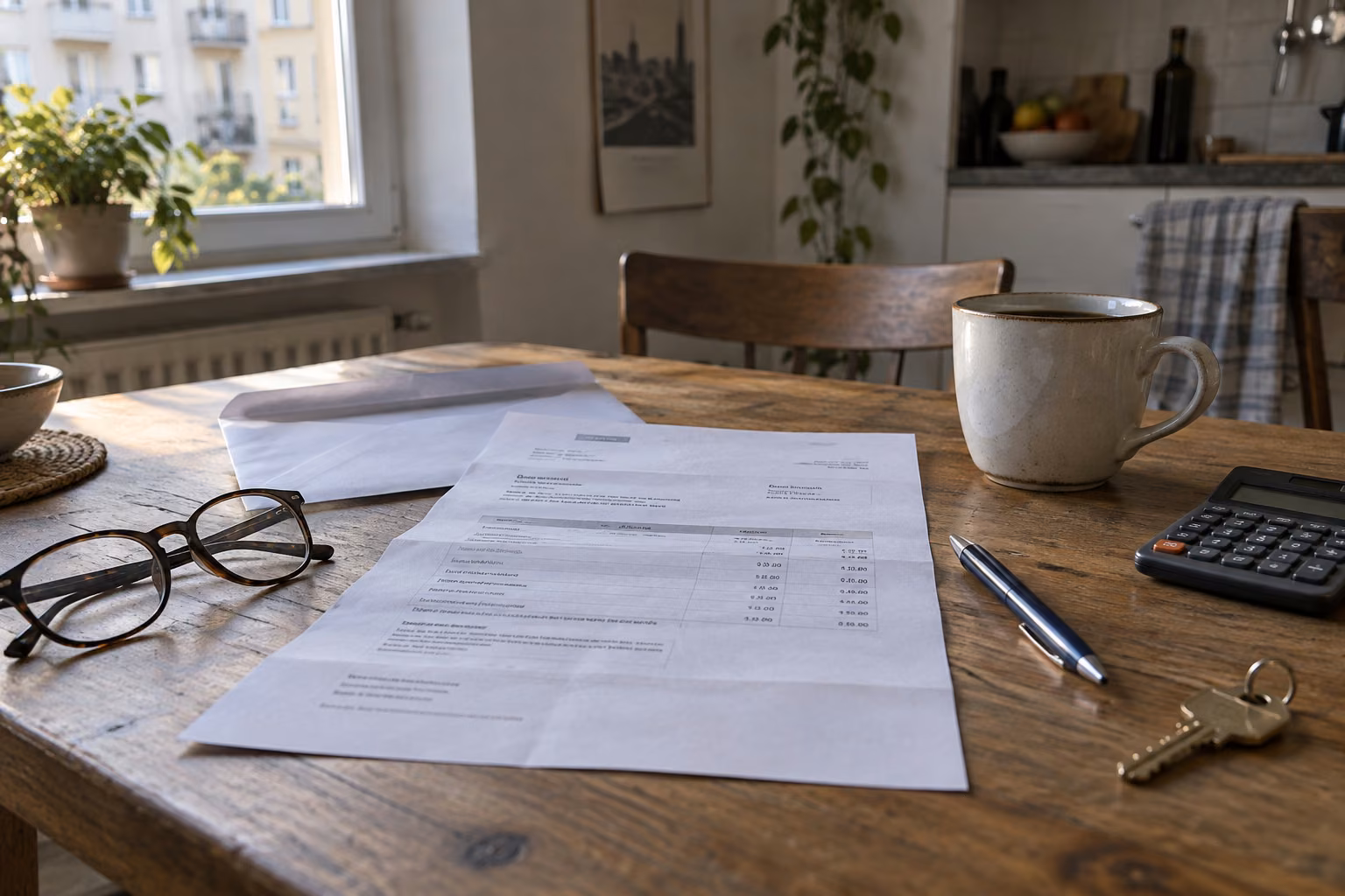 Illustratives Motiv: ein Brief vom Finanzamt liegt aufgeschlagen auf einem Küchentisch, daneben Brille, Stift, Taschenrechner, Kaffeetasse und ein Schlüssel.