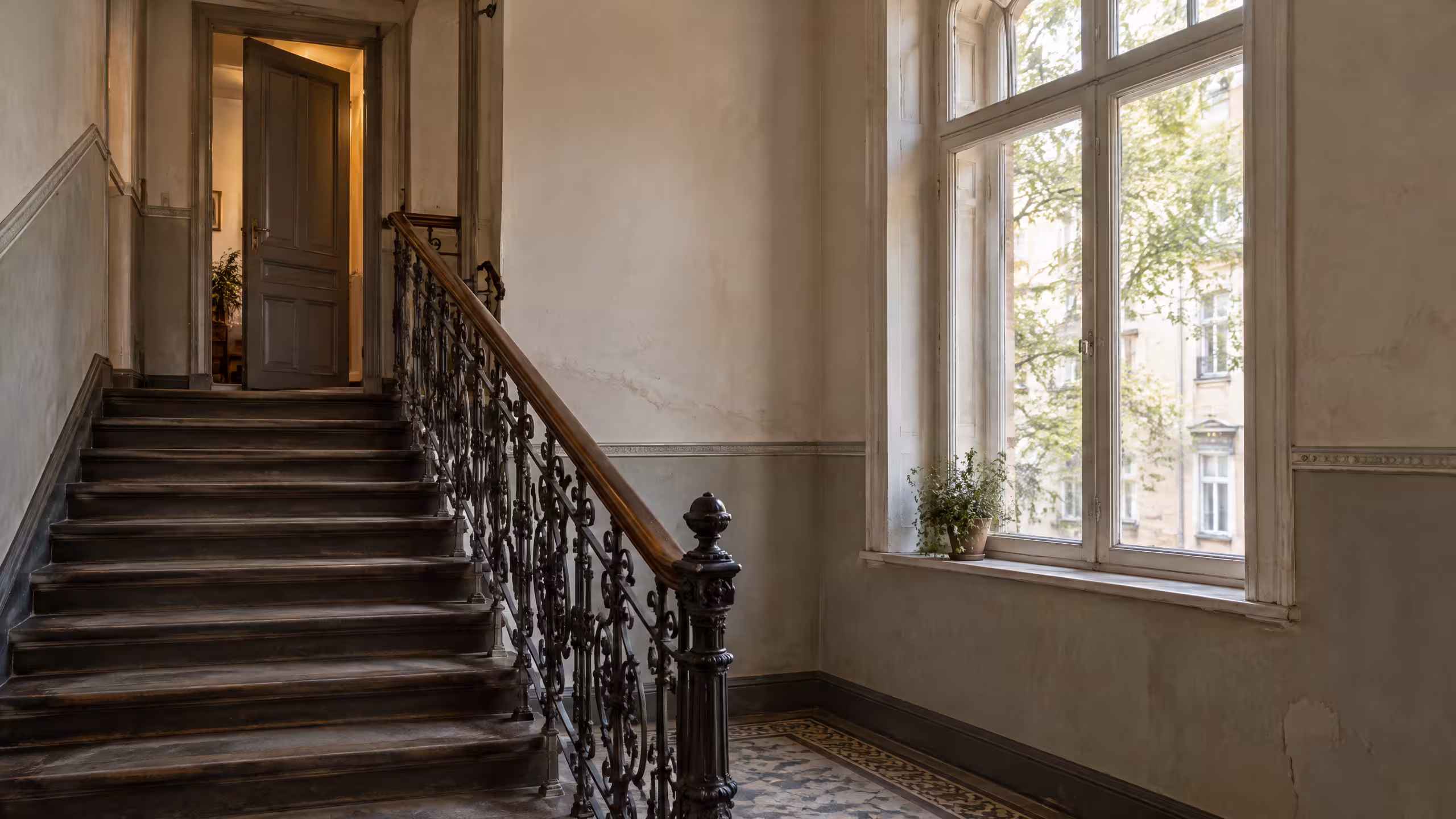 Illustratives Motiv: Treppenhaus eines Berliner Altbaus mit gusseisernem Geländer, hohem Fenster und einer angelehnten Wohnungstür auf dem Treppenabsatz.