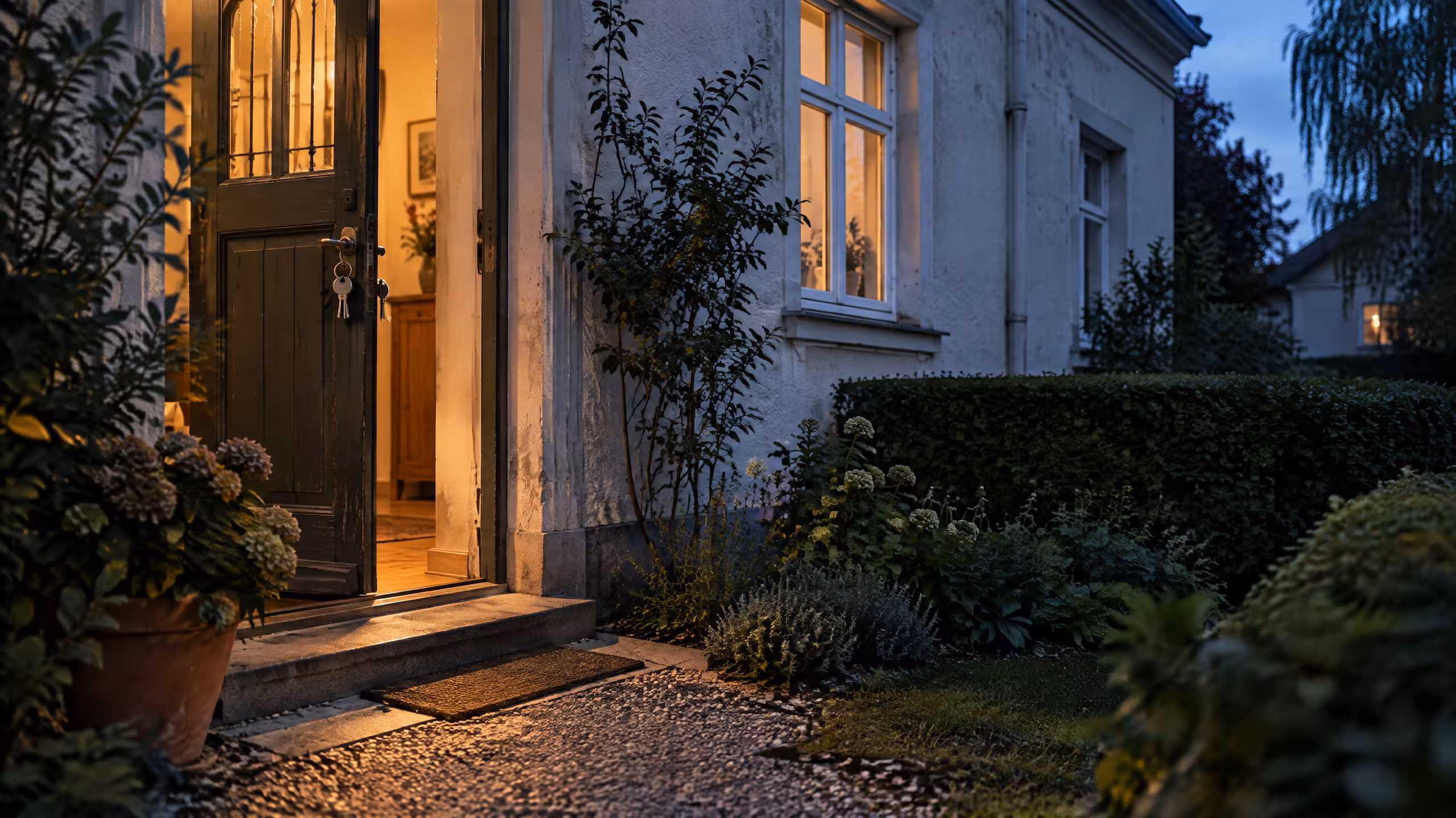 Illustratives Motiv: Eine angelehnte Haustür eines älteren Einfamilienhauses am Abend, warmes Licht im Flur, ein Schlüsselbund steckt im Schloss.