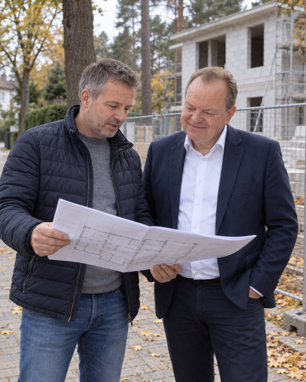 Oliver Preikschat und ein Bauherr besprechen auf dem Gehweg vor einem Bauzaun einen Grundriss, dahinter der Rohbau einer Stadtvilla