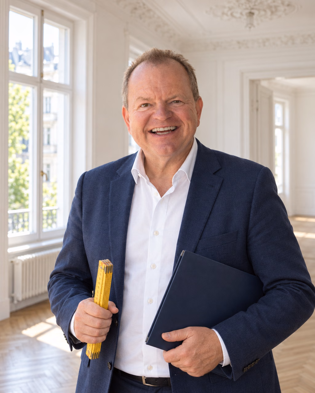 Oliver Preikschat in einer leeren Altbauwohnung mit Zollstock und Mappe