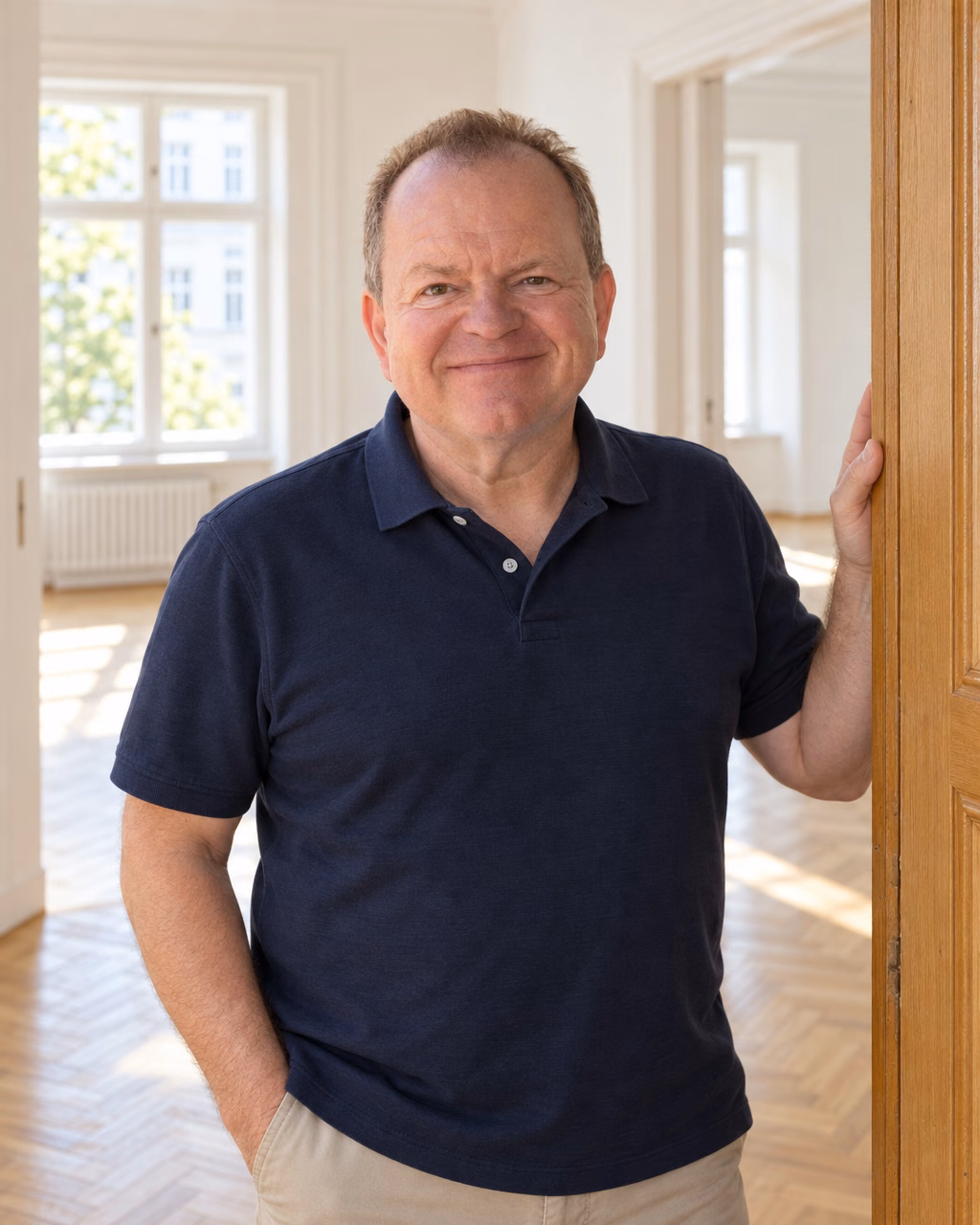 Oliver Preikschat im Türrahmen einer leeren Altbauwohnung