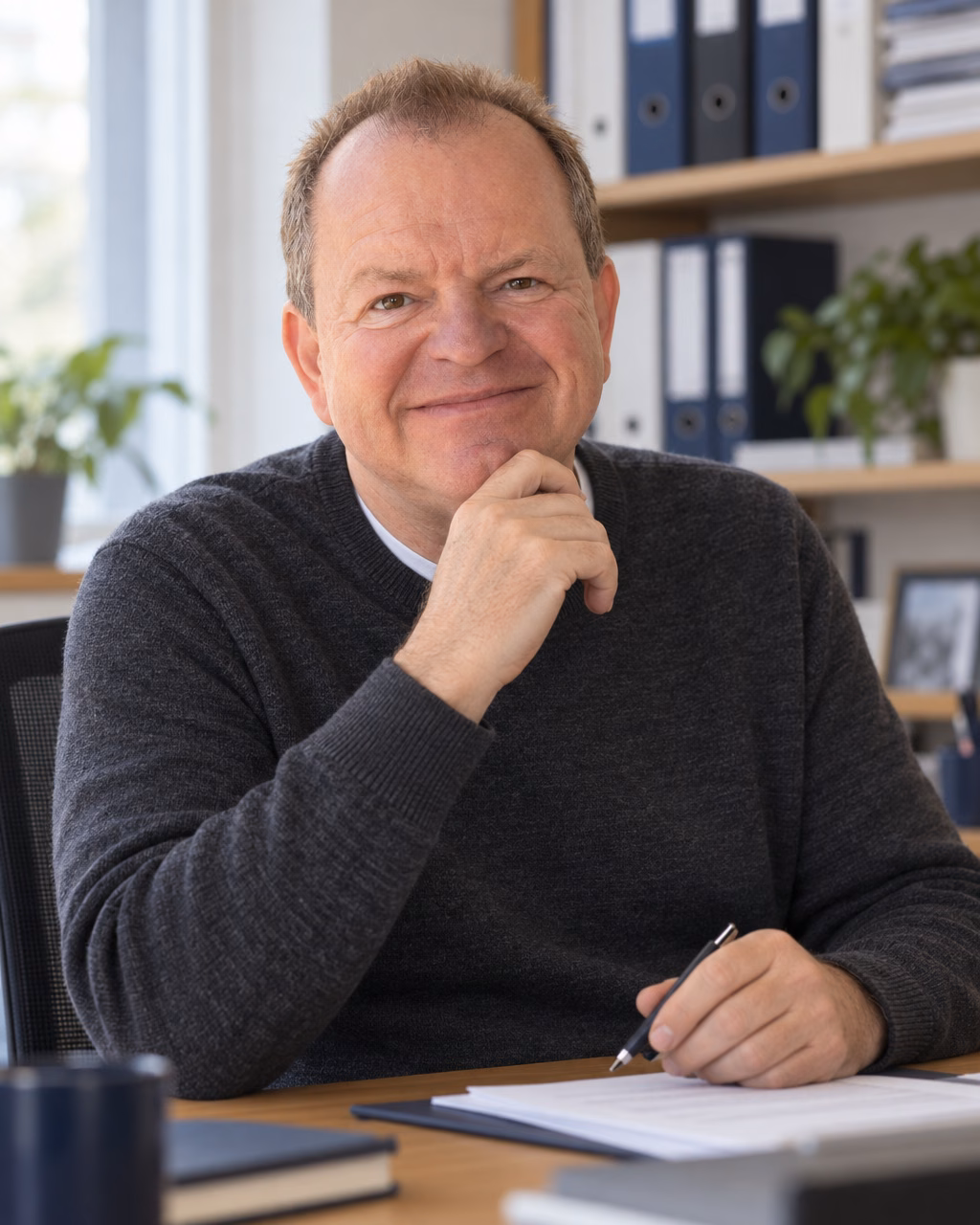 Oliver Preikschat im Pullover im Büro