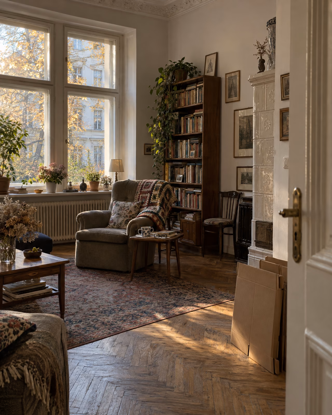 Wohnzimmer eines älteren Menschen in einem Berliner Altbau: Sessel mit gehäkelter Decke, Bücherregal, Kachelofen und Pflanzen am hohen Fenster im Herbstlicht; an der Wand bei der Tür lehnen zwei noch flache Umzugskartons.