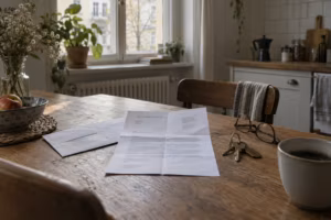 Geöffneter Brief mit unleserlichem Text auf einem Holztisch in einer Altbauküche, daneben Briefumschlag, Schlüsselbund, Brille und eine Tasse Kaffee; im Hintergrund Fenster mit Pflanzen.