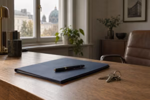 Dunkelblaue Dokumentenmappe mit Füllfederhalter und einem Schlüsselbund auf einem Schreibtisch aus Eiche, im Hintergrund ein Altbaufenster.