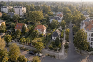 Luftbild eines Berliner Wohnviertels mit unterschiedlich großen Grundstücken, Einfamilienhäusern und Mehrfamilienhäusern.