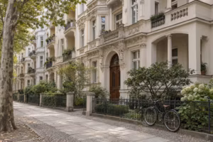 Wohnstraße im Berliner Westen mit hellen Stuckfassaden aus der Zeit um 1905, Vorgärten hinter schmiedeeisernen Zäunen und Platanen am breiten Gehweg. An einem Zaun lehnt ein Fahrrad.