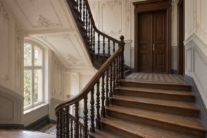 Treppenhaus eines Altbaus mit Stuck an Decke und Wänden, Holztreppe mit gedrechseltem Geländer, gemustertem Fliesenboden und einer zweiflügeligen dunklen Kassettentür; links ein hohes Fenster.