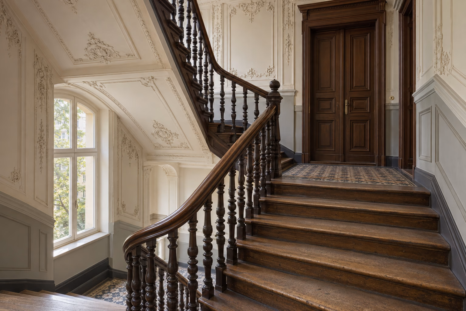 Treppenhaus eines Altbaus mit Stuck an Decke und Wänden, Holztreppe mit gedrechseltem Geländer, gemustertem Fliesenboden und einer zweiflügeligen dunklen Kassettentür; links ein hohes Fenster.