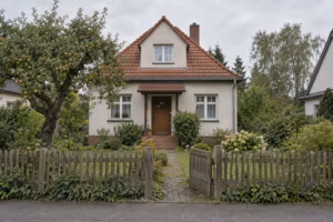 Einfamilienhaus aus den 1930er-Jahren mit rotem Ziegeldach hinter einem Holzzaun mit offenem Gartentor, daneben ein alter Obstbaum.
