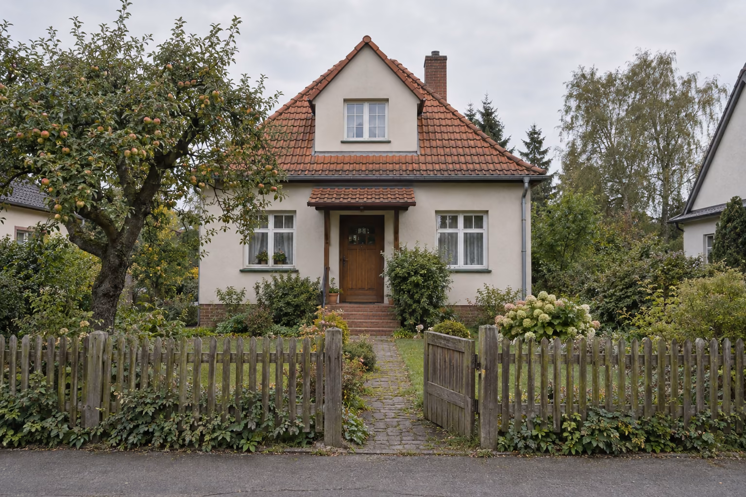 Einfamilienhaus aus den 1930er-Jahren mit rotem Ziegeldach hinter einem Holzzaun mit offenem Gartentor, daneben ein alter Obstbaum.