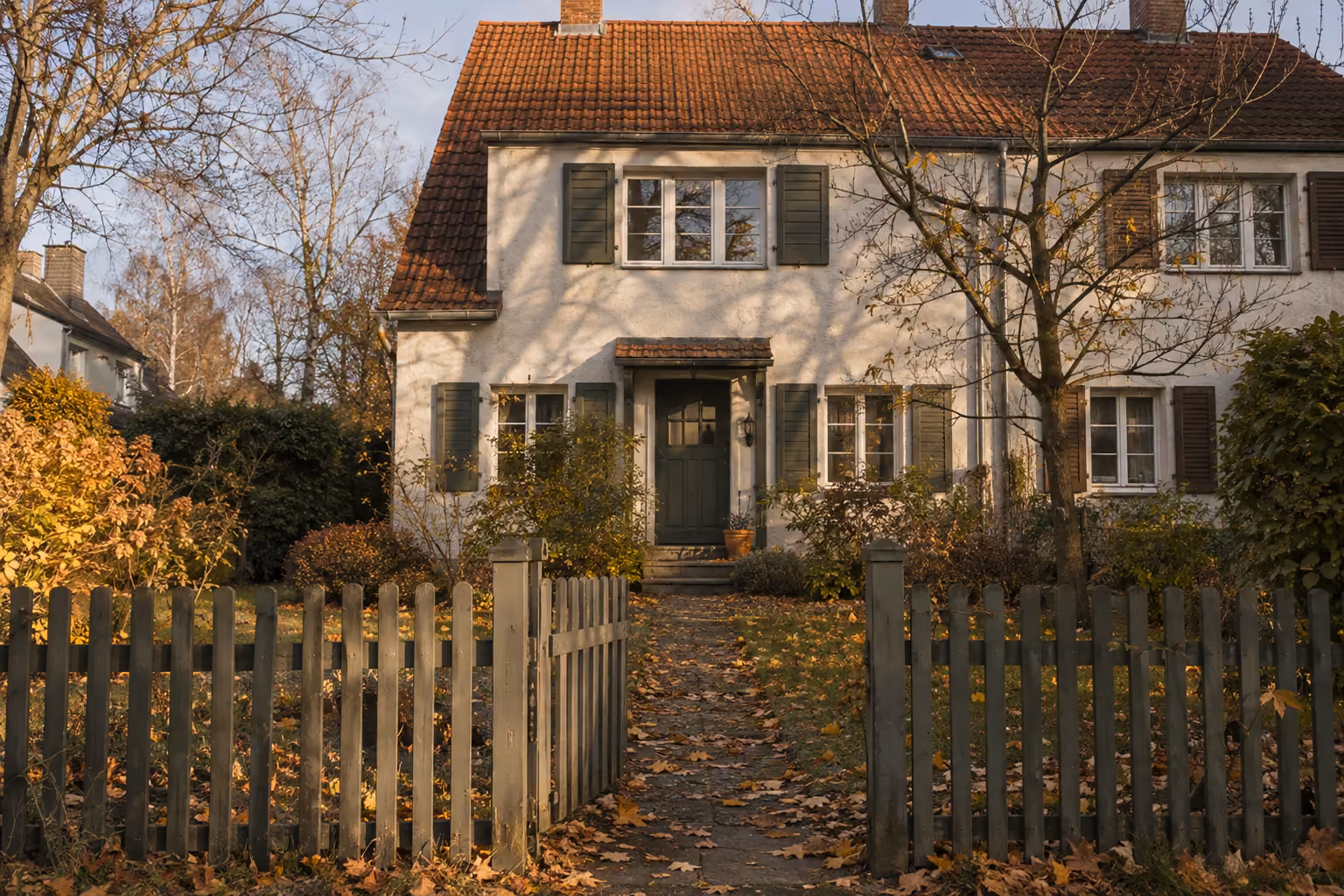 Doppelhaushälfte einer Siedlung aus den 1930er-Jahren mit rotem Ziegeldach und Fensterläden im Herbstlicht. Vom offenen Gartentor führt ein Weg mit Laub zur Haustür.