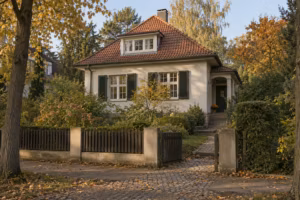 Älteres Einfamilienhaus mit rotem Ziegeldach und Fensterläden hinter einem offenen Gartentor, im Herbstlicht.