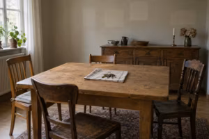 Esszimmer eines älteren Wohnhauses: Holztisch mit vier verschiedenen Stühlen, in der Mitte liegt ein Schlüsselbund auf einem gefalteten Leinentuch.
