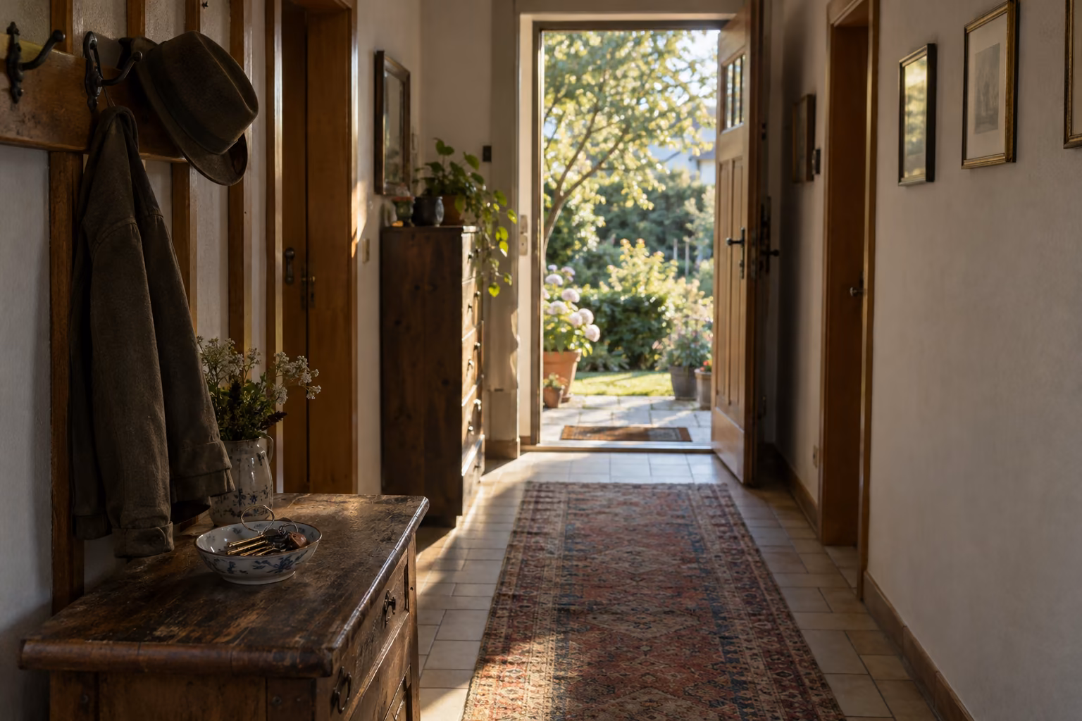 Flur eines älteren Wohnhauses im Abendlicht. An der Garderobe hängen eine Jacke und ein Hut, auf einer Kommode steht eine Schale mit Schlüsseln. Die Haustür steht offen und gibt den Blick in den Garten frei.