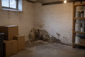 Ecke eines Kellers mit weiß gestrichener Ziegelwand. Unten ist die Wand feucht und dunkel verfärbt, der Putz ist abgeplatzt und liegt auf dem Boden, daneben stehen Umzugskartons.