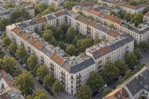 Luftbild eines geschlossenen Berliner Wohnblocks aus der Gründerzeit mit begrünten Innenhöfen und Straßenbäumen.