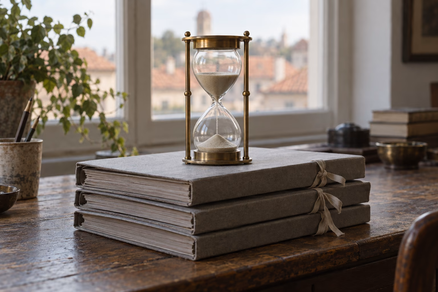 Sanduhr aus Messing und Glas auf einem Stapel grauer Aktenmappen mit Stoffbändern, im Hintergrund ein Fenster mit Blick auf rote Dächer.