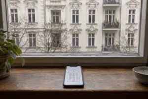 Ein Telefon liegt auf einer Fensterbank und zeigt die Strichzeichnung eines Hauses. Hinter der Scheibe steht die Stuckfassade eines Berliner Altbaus.