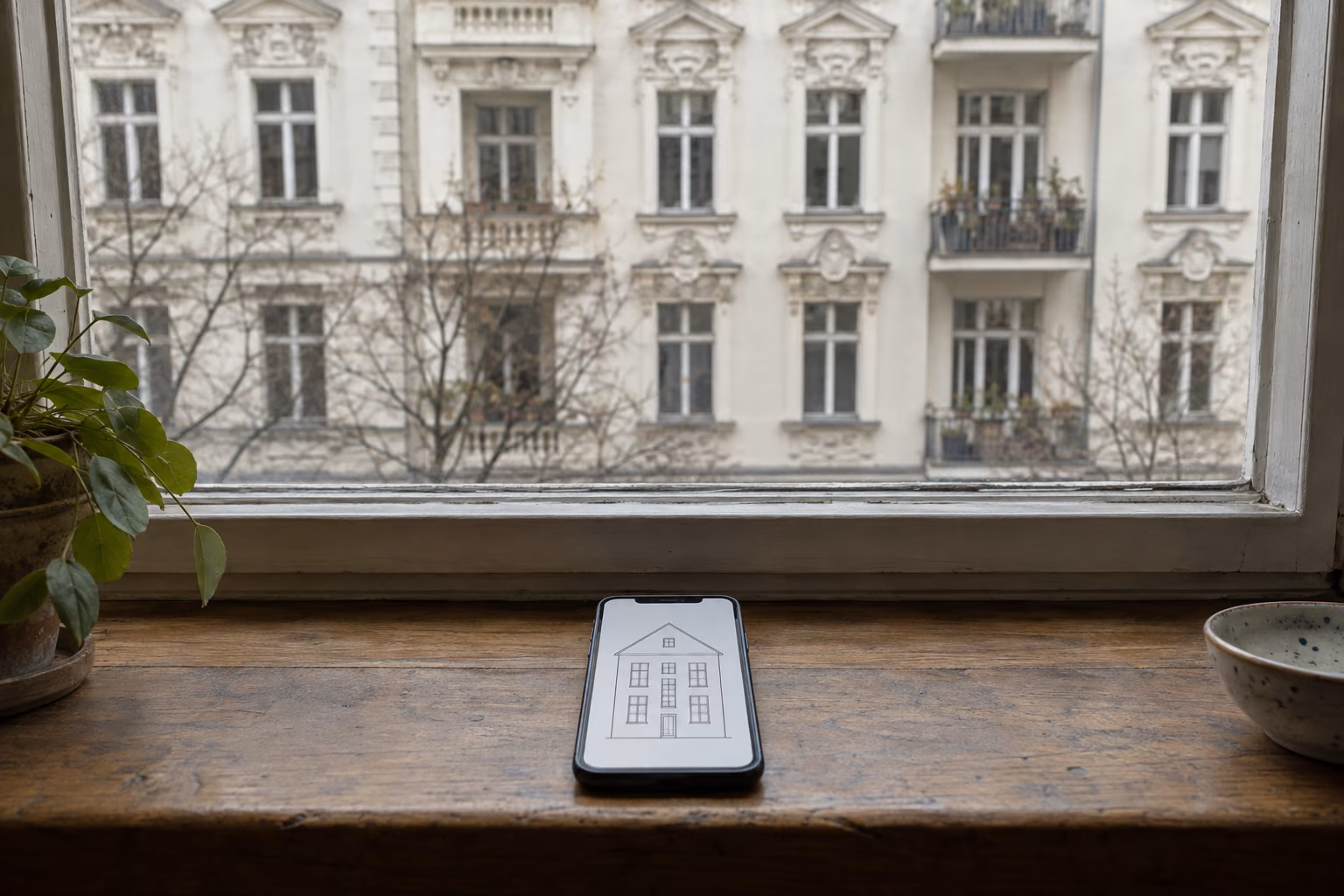 Ein Telefon liegt auf einer Fensterbank und zeigt die Strichzeichnung eines Hauses. Hinter der Scheibe steht die Stuckfassade eines Berliner Altbaus.