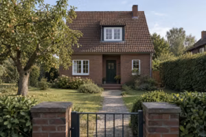 Helles freistehendes Klinkerhaus mit Garten, Dachgaube und gepflastertem Zugang bei Tageslicht.