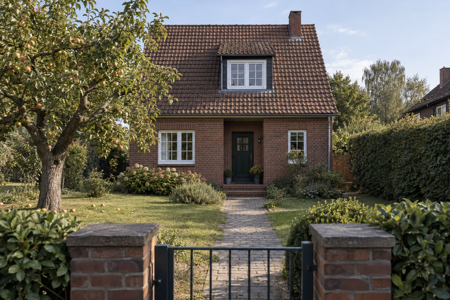Helles freistehendes Klinkerhaus mit Garten, Dachgaube und gepflastertem Zugang bei Tageslicht.