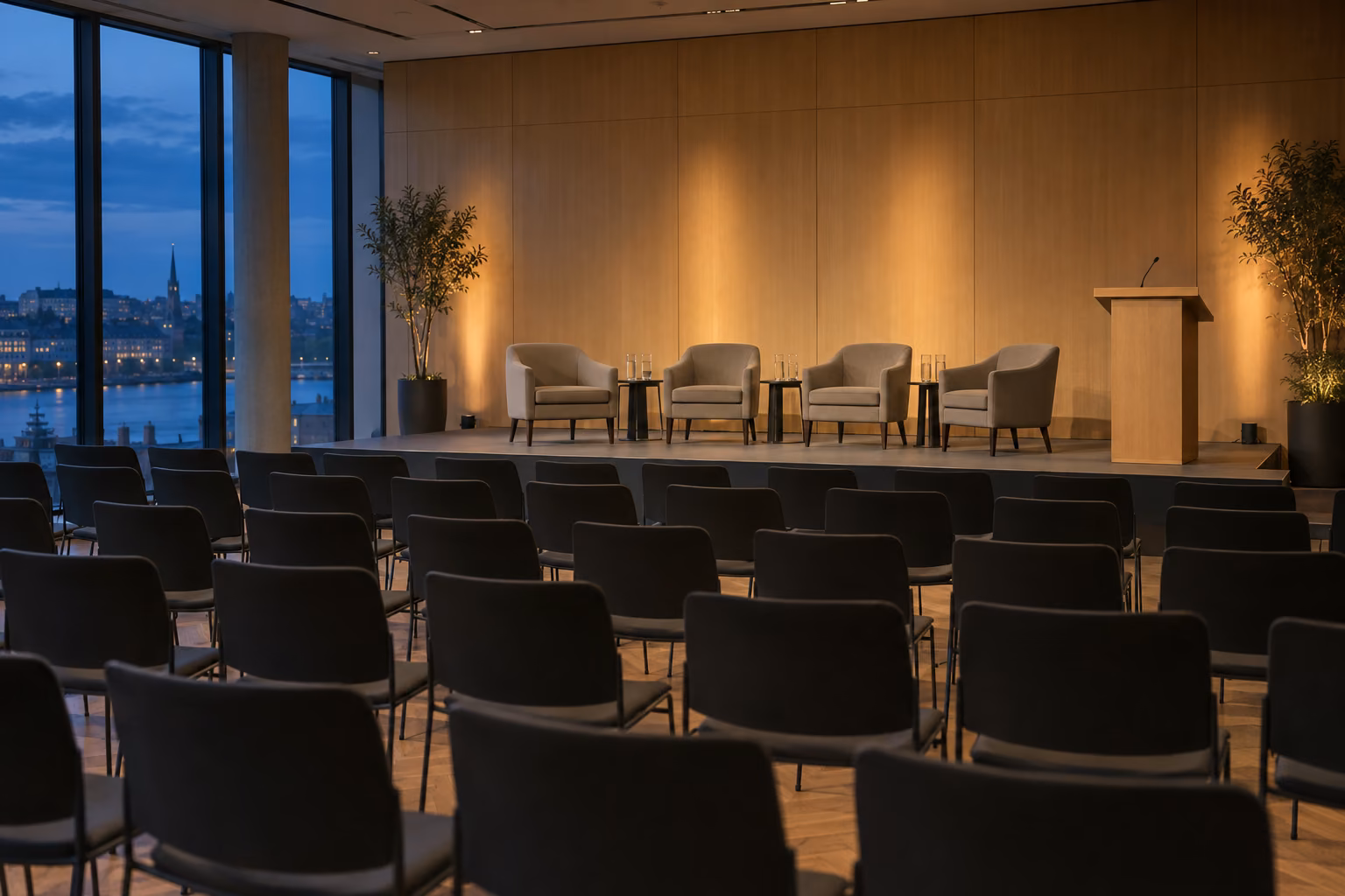 Leerer Veranstaltungssaal am Abend vor einer Podiumsdiskussion. Vor Stuhlreihen steht eine niedrige Bühne mit vier Sesseln und einem Rednerpult.