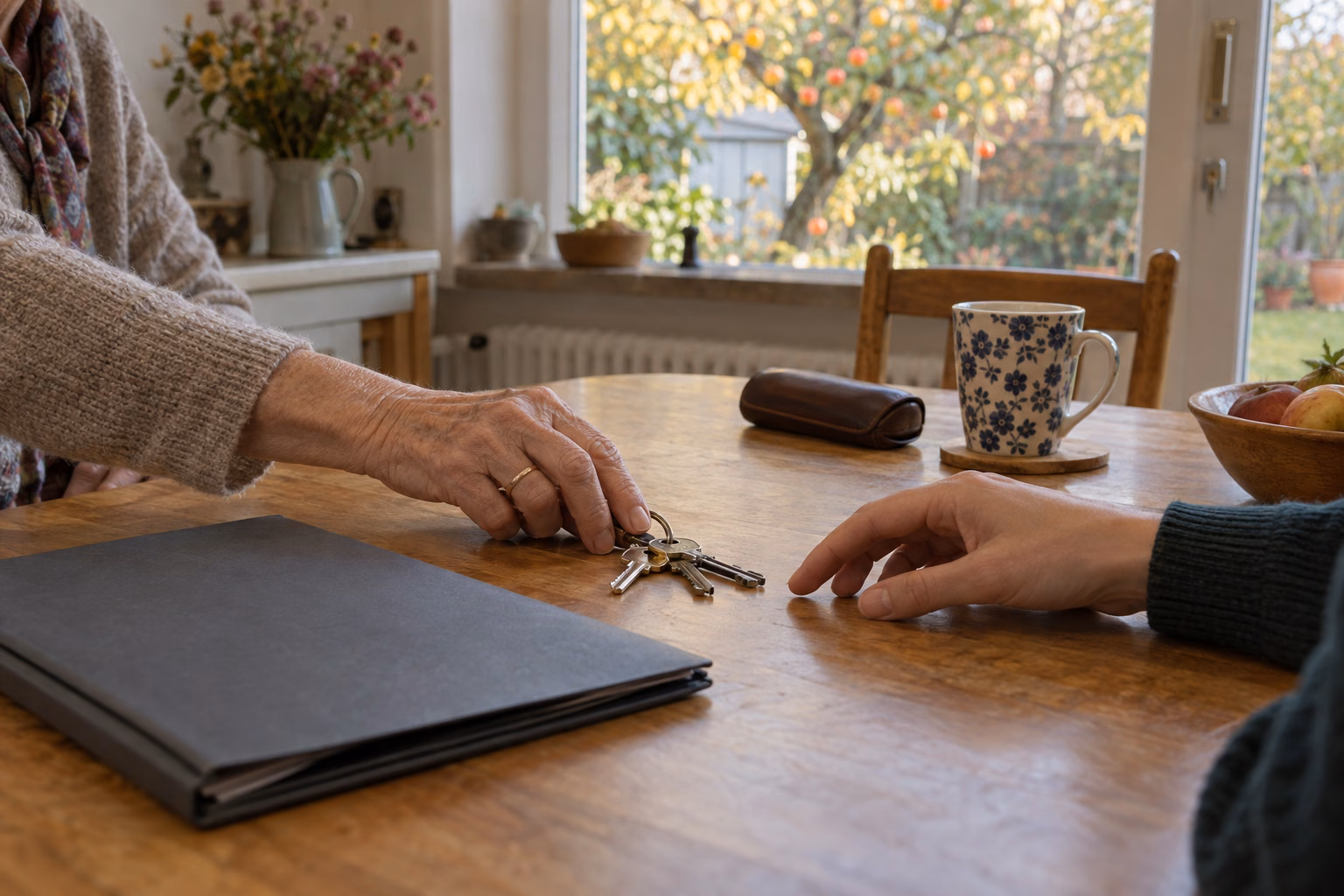Am Küchentisch eines älteren Einfamilienhauses schiebt eine ältere Frau einen Schlüsselbund zur Hand einer jüngeren Frau; daneben eine geschlossene Dokumentenmappe, ein Brillenetui und eine Tasse, hinter dem Fenster ein Garten mit Apfelbaum im Herbst.