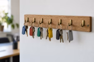 Schlüsselbrett aus Holz an einer weißen Wand. An sechs Haken hängen Schlüsselbunde mit farbigen Anhängern, ein Haken ist noch frei.