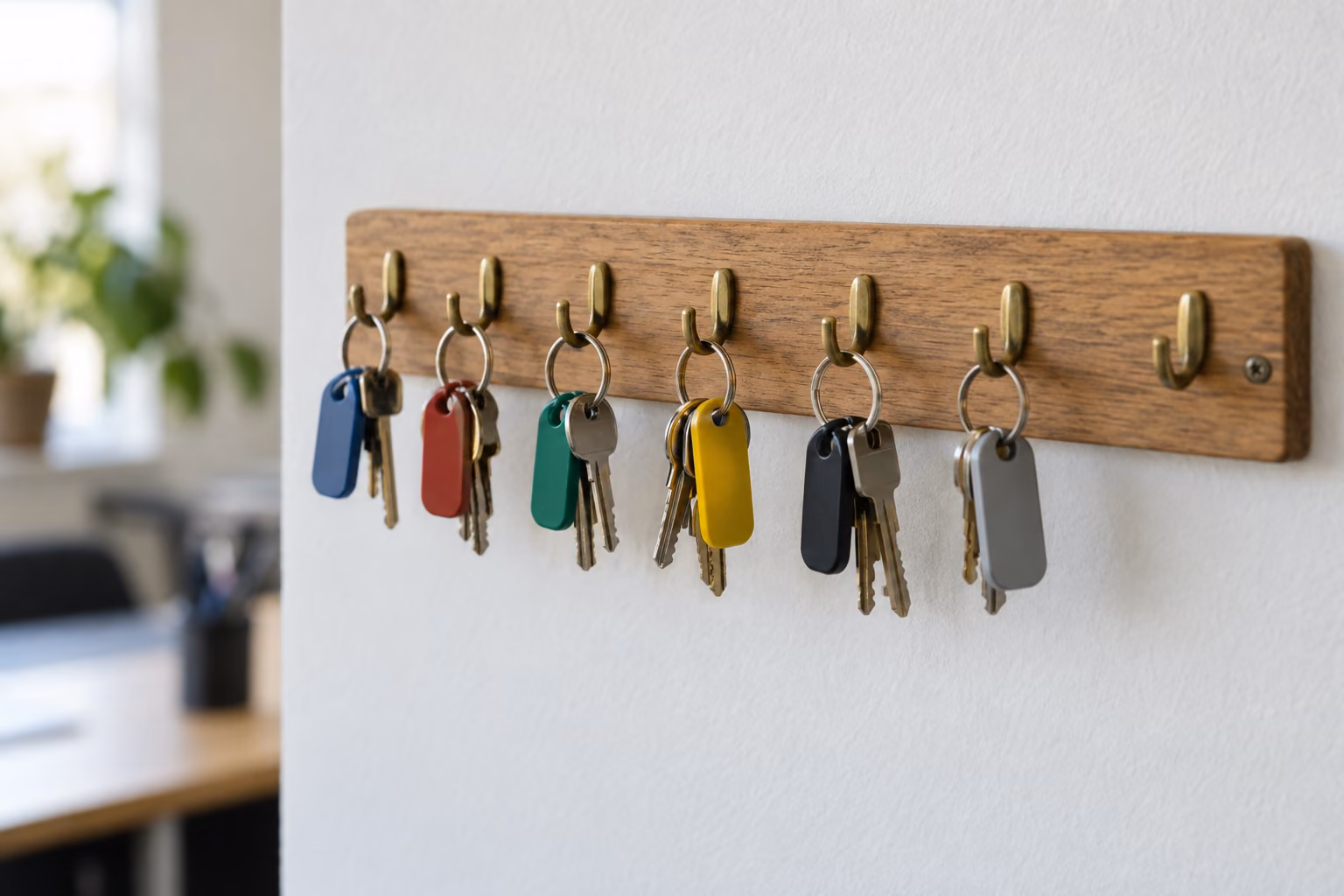 Schlüsselbrett aus Holz an einer weißen Wand. An sechs Haken hängen Schlüsselbunde mit farbigen Anhängern, ein Haken ist noch frei.