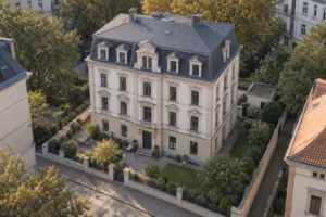 Luftbild eines viergeschossigen Altbaus auf einem eigenen Grundstück mit Hof, Garten und niedrigen Grenzmauern.