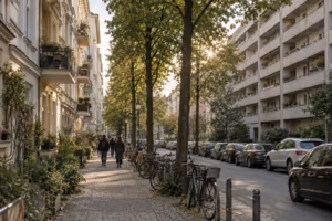 Straße in Berlin-Kreuzberg im Abendlicht: links sanierte Altbauten mit Stuck, rechts ein Wohnblock aus den Siebzigerjahren, dazwischen Linden und Fahrräder.