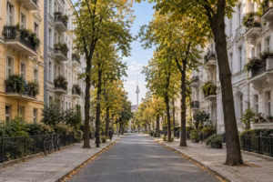Blick entlang einer Berliner Wohnstraße mit Gründerzeithäusern und Linden, deren Laub sich gelb färbt. Am Ende der Straße steht der Fernsehturm.