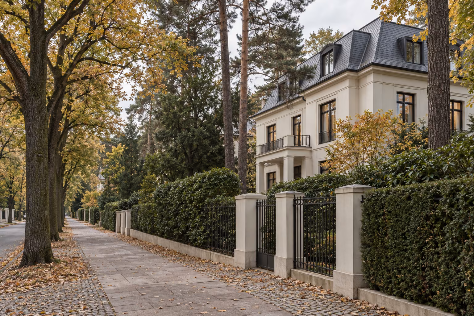 Ruhige Villenstraße mit Herbstlaub, hohen Bäumen, Hecke, Eisenzaun und heller Stadtvilla mit dunklem Schieferdach.