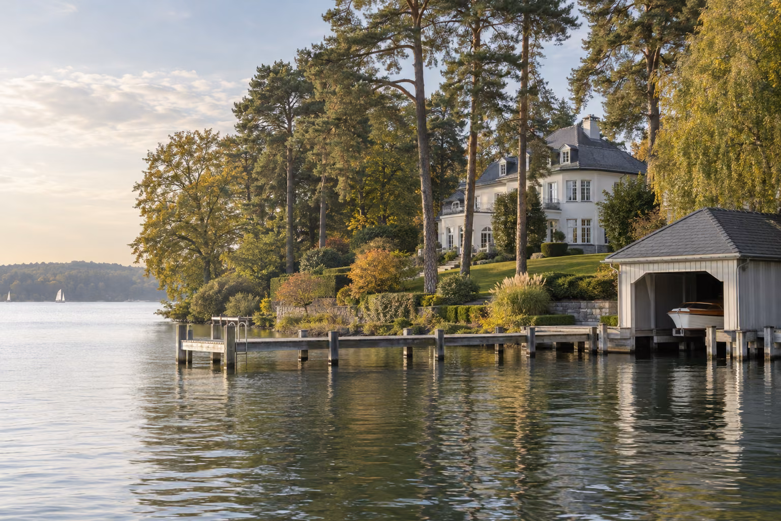 Seeufer mit Holzsteg, Bootshaus und heller Villa zwischen hohen Kiefern im Abendlicht.