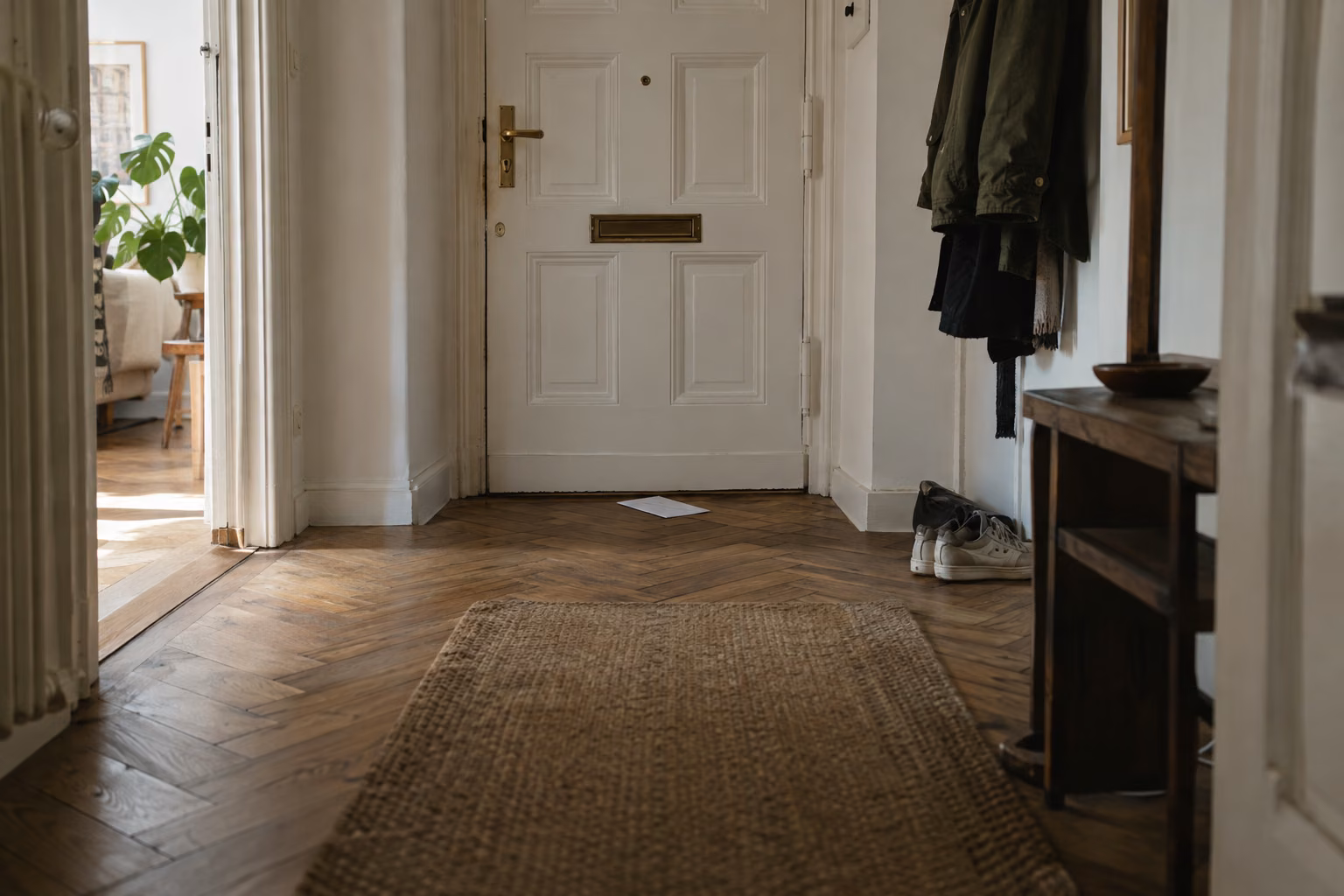 Flur einer Berliner Altbauwohnung mit Fischgrätparkett: Unter dem Briefschlitz der weißen Wohnungstür liegt ein einzelner Umschlag auf dem Boden.