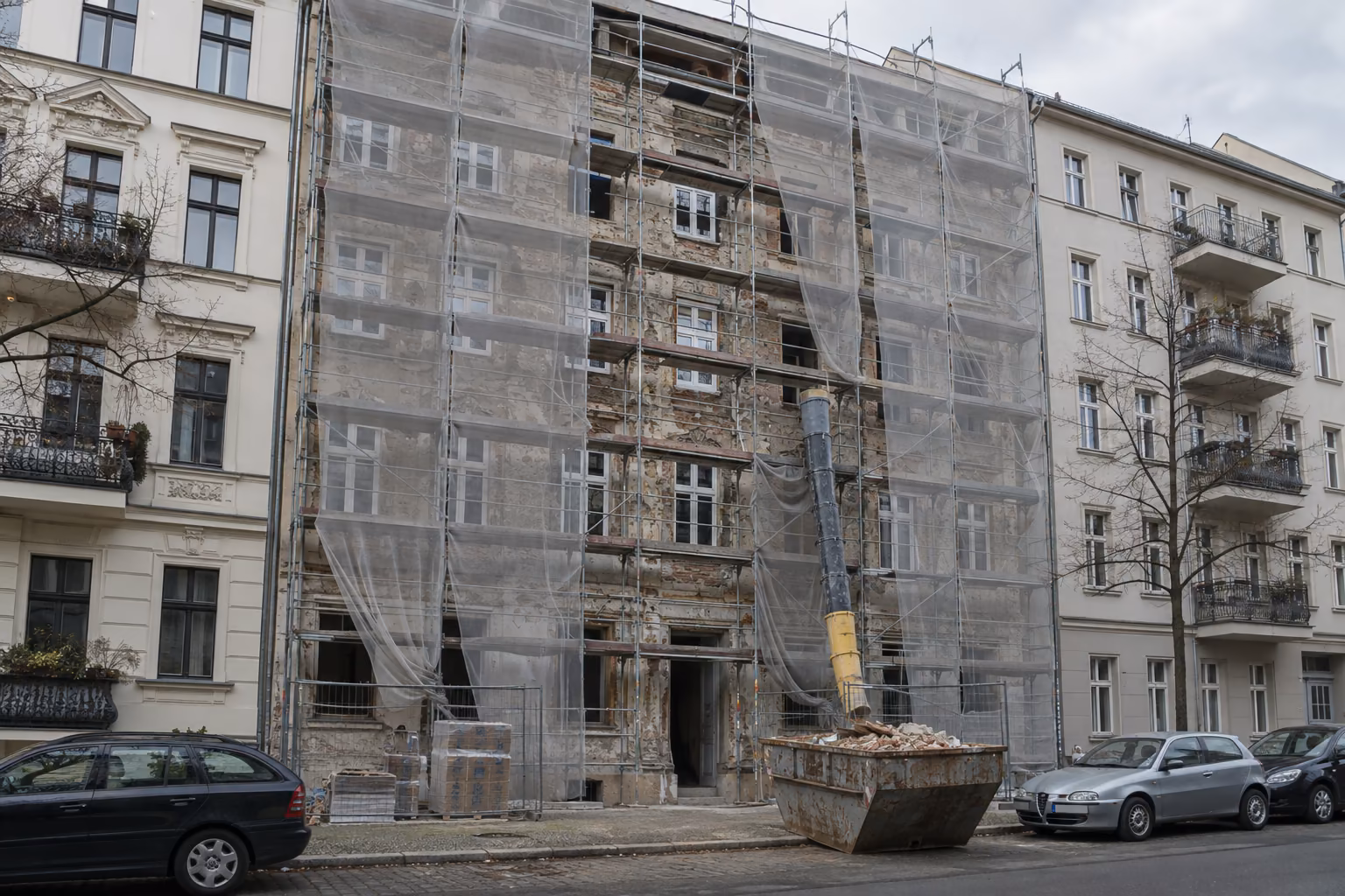 Fassade eines Berliner Altbaus während der Modernisierung. Das Haus ist eingerüstet und mit Netzen verhängt, einige Fenster sind schon neu, davor steht ein Container mit Bauschutt.