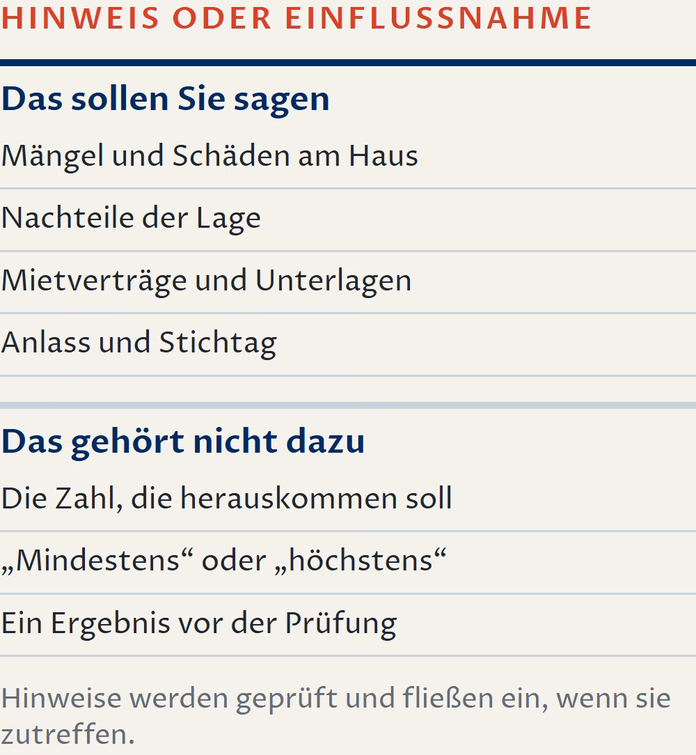 Schaubild: Hinweis oder Einflussnahme. Das sollen Sie sagen: Mängel und Schäden am Haus, Nachteile der Lage, Mietverträge und Unterlagen, Anlass und Stichtag. Das gehört nicht dazu: die Zahl, die herauskommen soll, Vorgaben wie mindestens oder höchstens, ein Ergebnis vor der Prüfung.