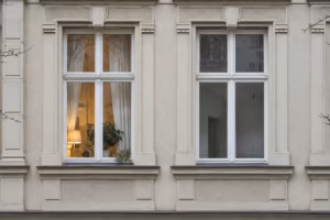 Helle Altbaufassade mit zwei großen Fenstern; hinter einem Fenster ist ein eingerichteter Wohnraum zu sehen.